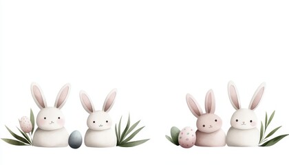Cute bunnies with colorful eggs and greenery, perfect for Easter celebrations and spring themes.