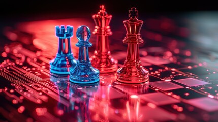 Colorful chess pieces on a digital background, symbolizing strategy and technology.