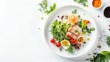 An artistic shot of a plate with various types of  and , garnished with fresh herbs and served with dipping sauces, set against a clean table setting.