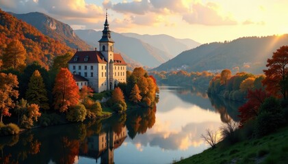 Golden light on Melk abbey with Danube river surrounded by vibrant autumnal forest, river, trees