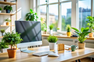 Fototapeta premium Modern Office Desk Workspace Computer Wallpaper - Productivity & Organization Stock Photo