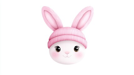 Obraz premium Cute cartoon rabbit wearing a pink knitted hat, perfect for children's illustrations and playful designs.