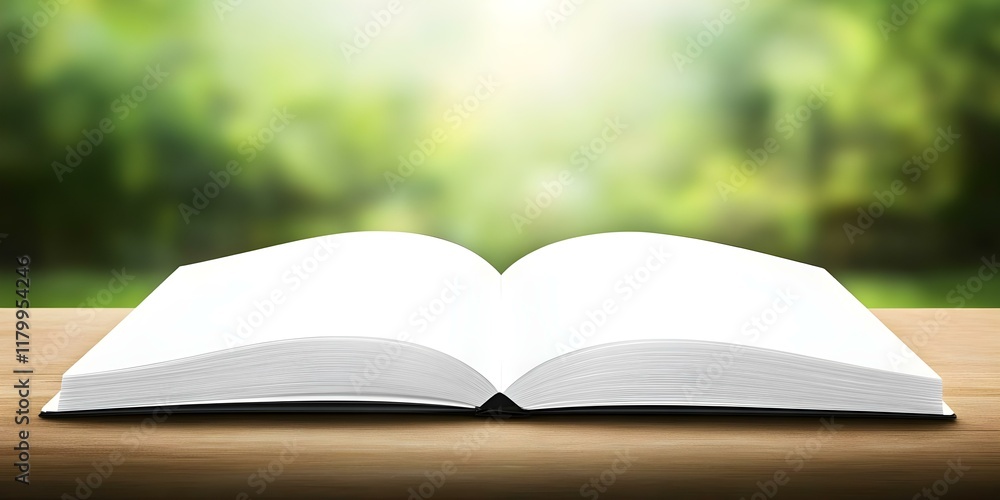 Poster an open blank book resting on a wooden surface with a blurred green background. concept open blank b