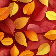 Colorful autumn leaves scattered on a vibrant red background