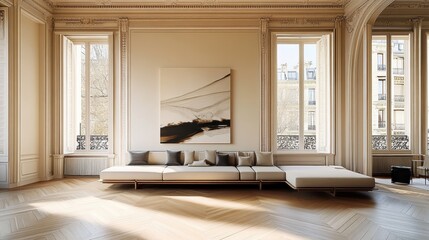 Minimalist living room, large arched windows, natural light, wooden floor, low platform sofa, white walls, elephant artwork, contemporary interior design, zen atmosphere, neutral color palette, spacio