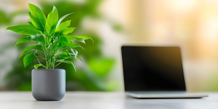 A green potted plant beside a laptop on a table, set against a softly blurred background. Concept Home Office Decor, Greenery Benefits, Workspace Inspiration, Soft Focus Photography, Plant Care Tips