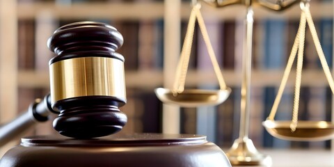 A wooden gavel and a scale of justice, symbolizing law and the judicial system. Concept Legal Symbols, Justice System, Judicial Authority, Gavel and Scale, Law Representation