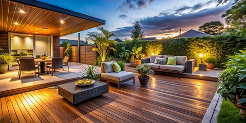 Obraz premium Modern Patio Design: Wooden Deck, Outdoor Lighting, Evening Ambiance