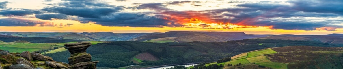 Crook Hill and Ladybower valley panorama at sunset in Peak District. UK