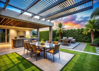 Fototapeta premium Modern Patio Oasis: Pergola, Awning, Pool, Grill & Tropical Garden