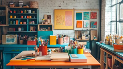 A vibrant workshop space filled with crafting supplies and creative projects