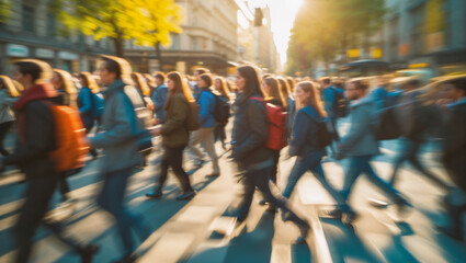 Blurred motion of people walking, motion blur effect, long exposure, bokeh defocused background.