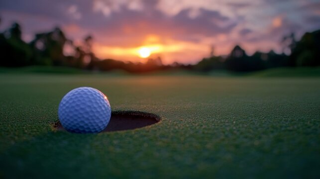 Golf Ball at Sunset: Serene Green Putting Green Image