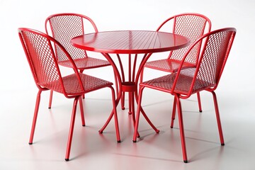 Fototapeta premium Modern Red Metal Mesh Cafe Table and Chairs Isolated on White Background - Stock Photo