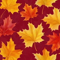 Fototapeta premium Colorful autumn leaves scattered on a rich red background in a seasonal display