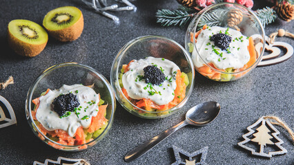 Kiwi salmon cream cheese and lumpfish roe verrine in studio