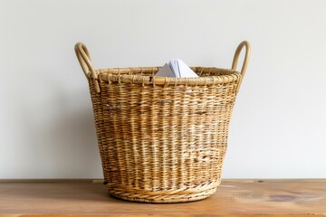 Woven wicker laundry basket with handles is holding a few pieces of paper, sitting on a wooden tabletop against a white wall