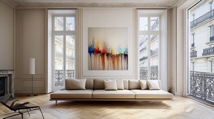 Minimalist living room, large arched windows, natural light, wooden floor, low platform sofa, white walls, elephant artwork, contemporary interior design, zen atmosphere, neutral color palette, spacio