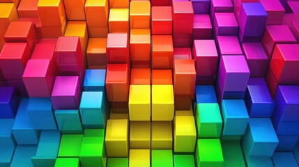 Vibrant 3D Colorful Cubes Arrangement Creating a Striking Geometric Pattern with an Eye-Catching Spectrum of Shades in a Modern Abstract Design.