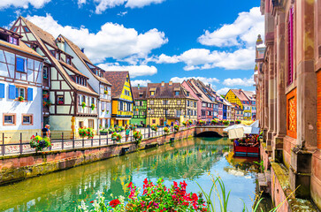 Little Venice la Petite Venise in old town Colmar city historic centre with old colorful houses...