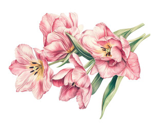 Obraz premium Pink tulip flowers arranged beautifully on a white isolate background.