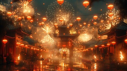 Naklejka premium Festive Asian Street Scene with Fireworks and Lanterns