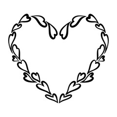 Vector heart frame illustration in line art style. Graphic monochrome drawing. Hand drawn heart outline sketch, ink illustration. Design element for wedding invitation, Valentines day card, tattoo
