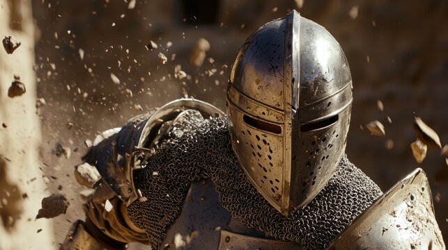 A medieval knight in shining armor charges forward, armored and determined.