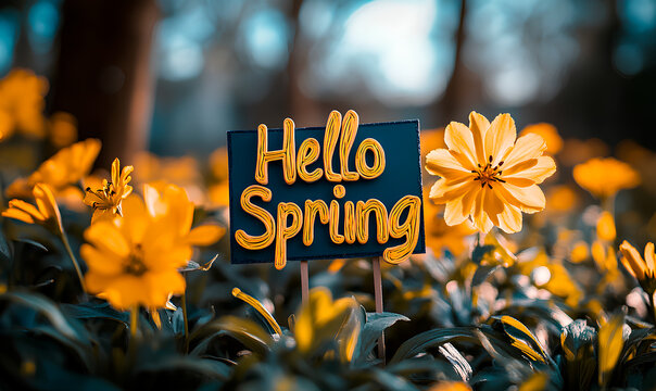 Hello spring sign is surrounded by vibrant yellow flowers, celebrating the arrival of the season in a garden - Powered by Adobe