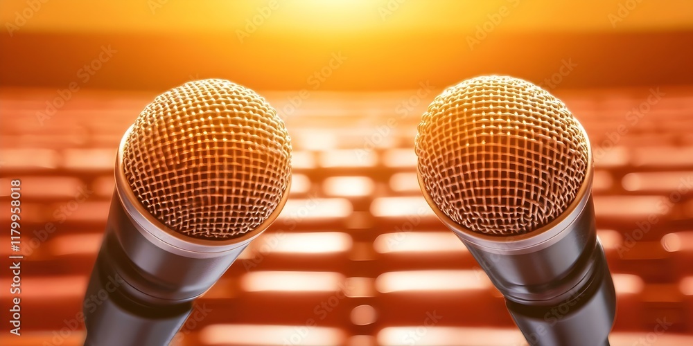 Poster two microphones are positioned in front of a blurred background with warm lighting, suggesting a sta
