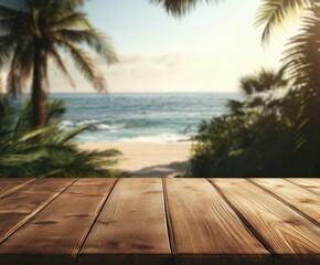 Relaxing beach view with wooden table and palm trees in background