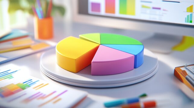 A close-up of a D pie chart on a computer screen, showcasing different colored segments with clear labels, surrounded by office supplies and data reports.