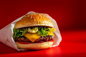Deliciously Wrapped Burger: A mouthwatering burger, overflowing with fresh ingredients and enveloped in a protective paper, beckons with its appetizing presence on a vibrant red background.