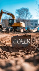 Obraz premium rusted metal career sign partially buried in sandy construction site with blurred excavator in background copyspace concept of building workforce development