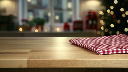 A wooden kitchen countertop with a red and white checkered napkin, festive ambience.