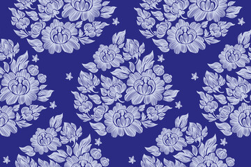 Obraz premium Vintage floral ethnic tapestry modern embroidery texture boho design vector illustration hand drawn silhouette indigo blue flower motif branches leaves wallpaper seamless background border.