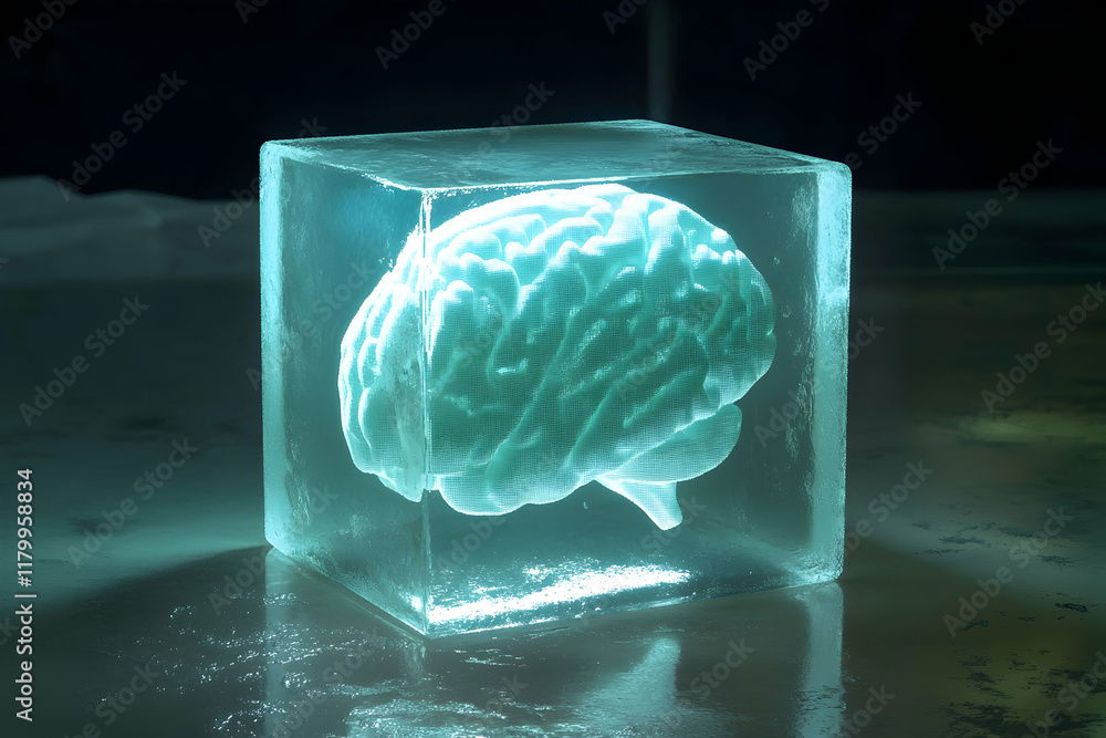 Poster futuristic glass cube with illuminated 3d brain model on dark surface