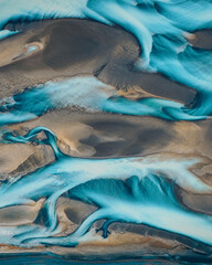 Aerial view of braided river in Icelandic landscape