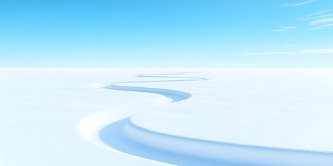 A smooth, winding path through a vast, snowy landscape under a bright blue sky. Concept Scenic Winter Landscape, Snowy Trails, Blue Sky Background, Serene Nature Walk, Winter Photography