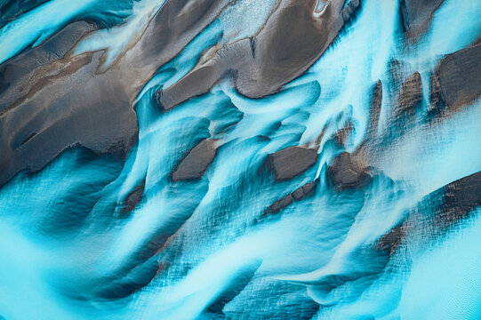 Aerial view of braided river in Icelandic landscape