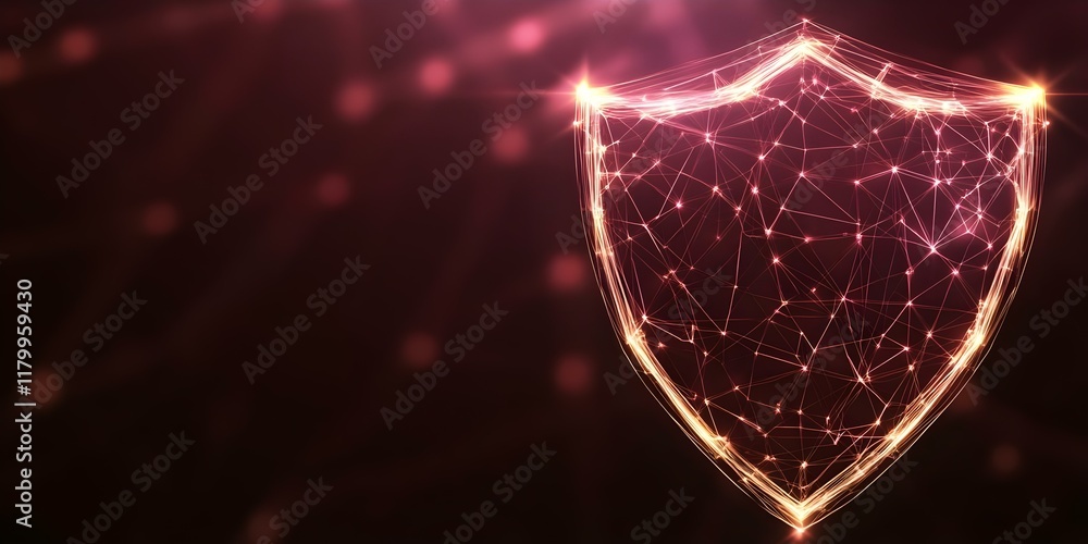 Poster a stylized shield made of interconnected lines and glowing points, representing technology, security