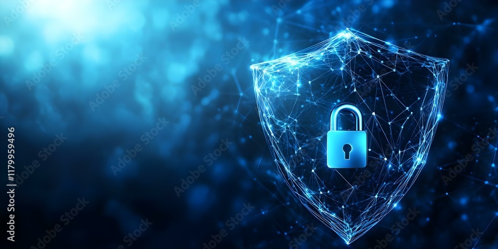 Aufkleber a digital shield with a padlock, representing cybersecurity and protection of data in a blue, high-t