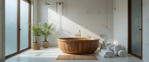 Fototapeta premium Serene Wooden Freestanding Tub in Minimalist Bathroom
