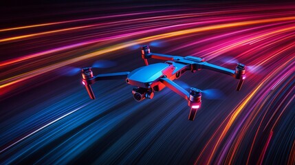 Black background with a vibrant drone icon overlaid on abstract light streaks