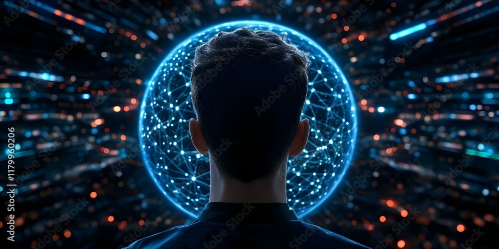 Aufkleber a person standing in front of a glowing, digital sphere surrounded by interconnected lines and data 