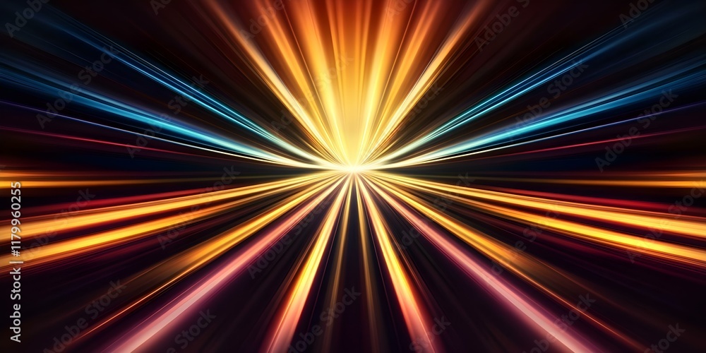 Poster a vibrant abstract explosion of light with dynamic rays in warm and cool colors, creating a sense of