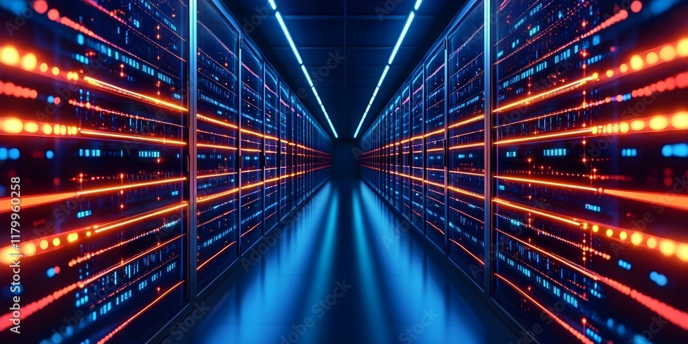 Poster a futuristic data center with illuminated server racks arranged in a long corridor, featuring blue a