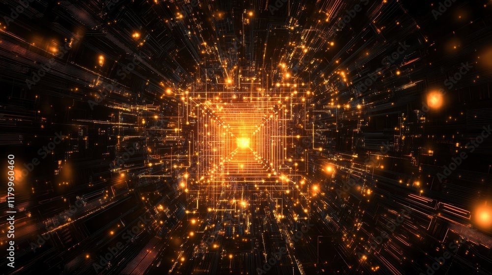 Aufkleber glowing orange squares create a mesmerizing tunnel effect, moving dynamically through digital cybers