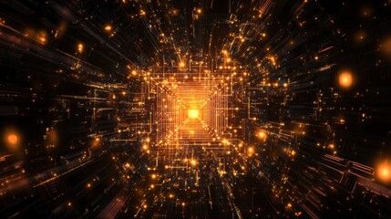 Fototapeta premium Glowing orange squares create a mesmerizing tunnel effect, moving dynamically through digital cyberspace and establishing a vibrant, futuristic backdrop filled with energy and innovation