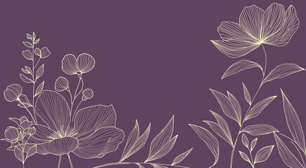 Botanical line bakground with flowers and leaves. For wall art, wedding invitations, greeting cards, packaging design, fabric prints.